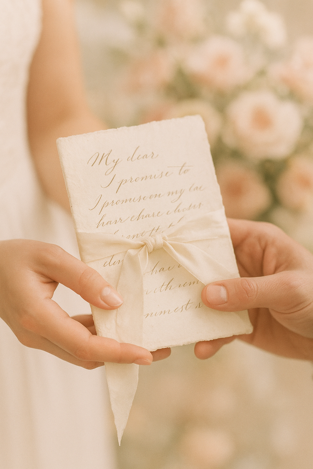 Close moment of handwritten vows tied with silk ribbon held between the couple during the ceremony