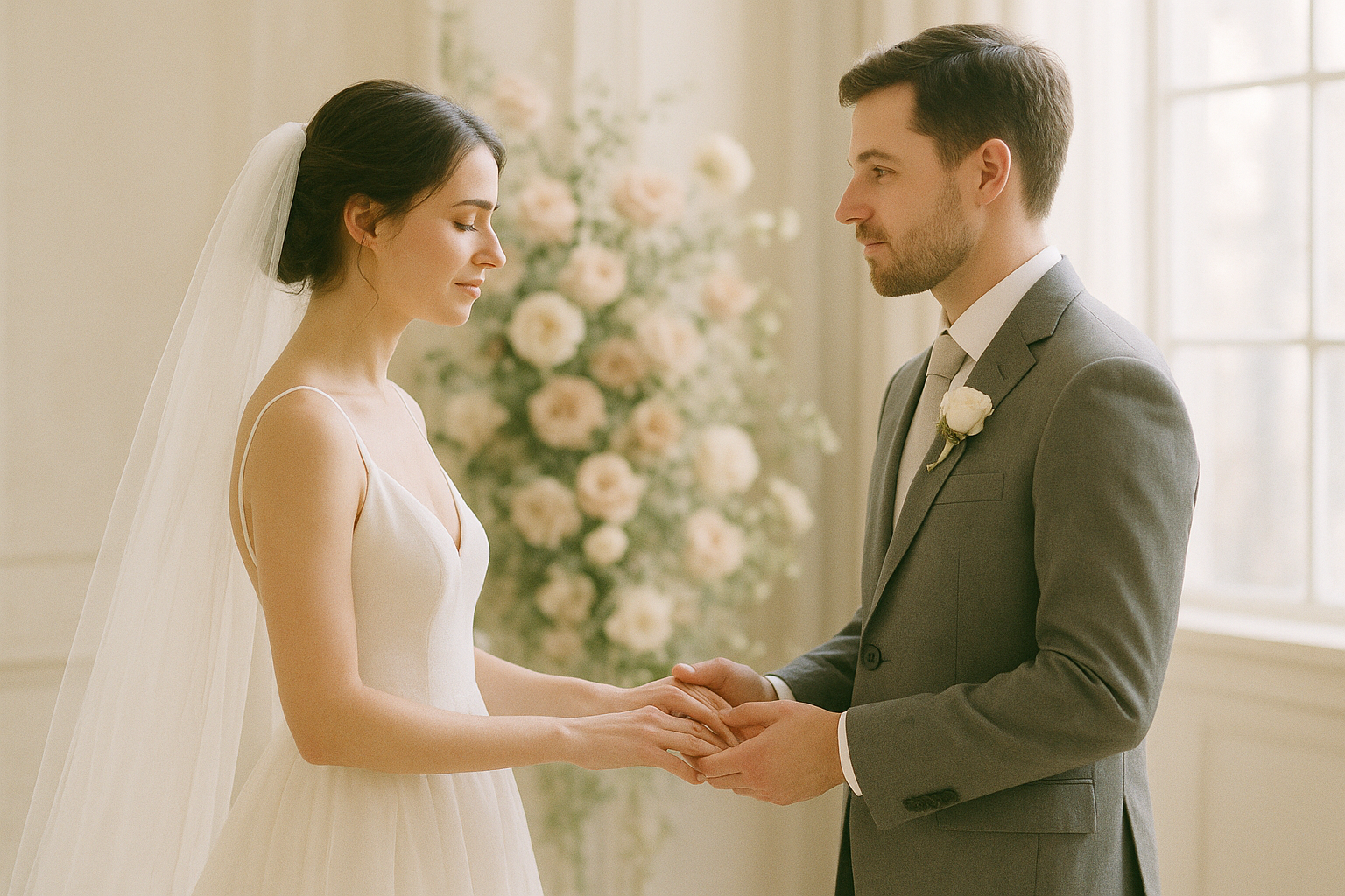 Couple holding hands during wedding vows in soft natural light