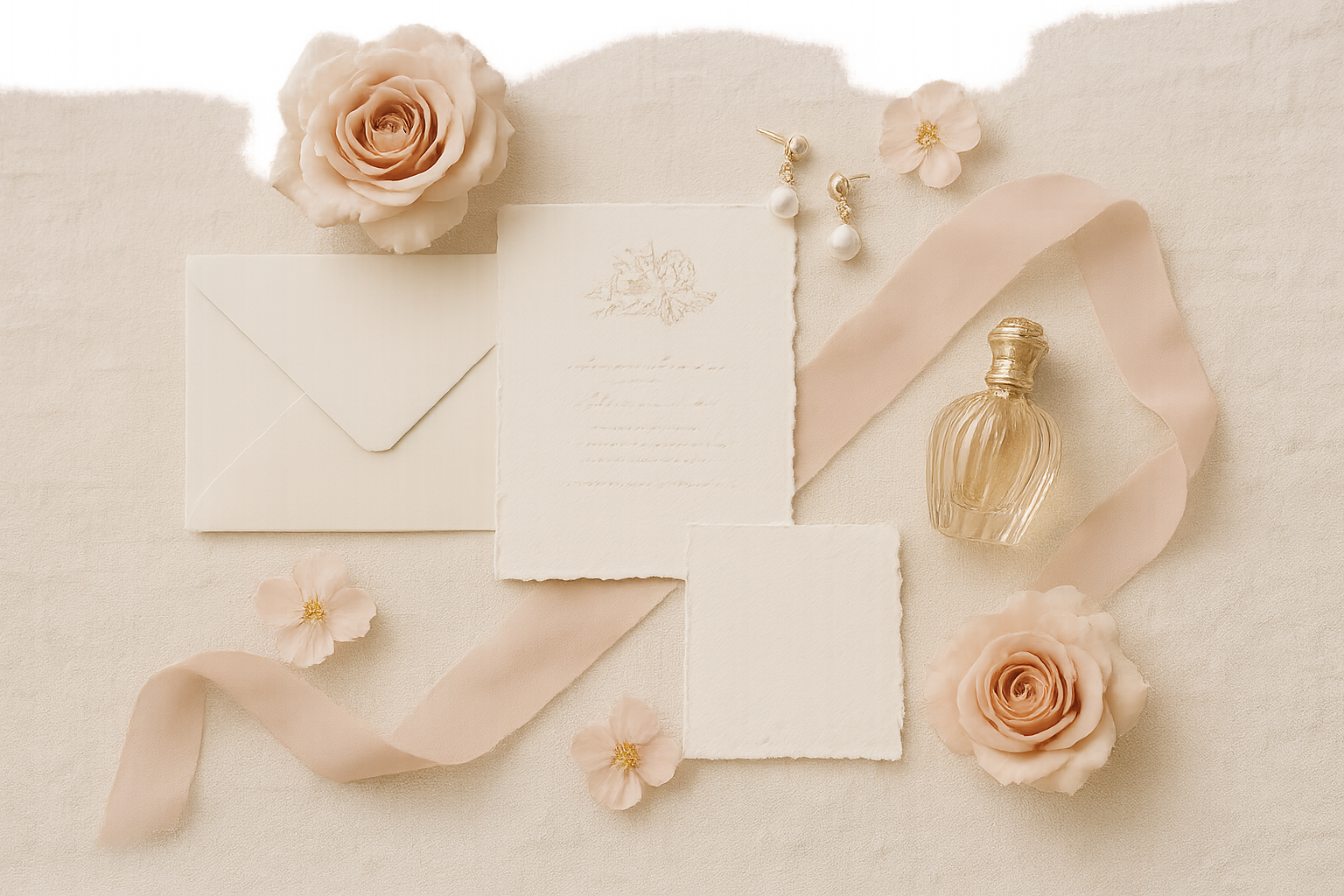 Curated bridal flat lay featuring invitation suite, pearl earrings, perfume bottle, and silk ribbon in pastel tones