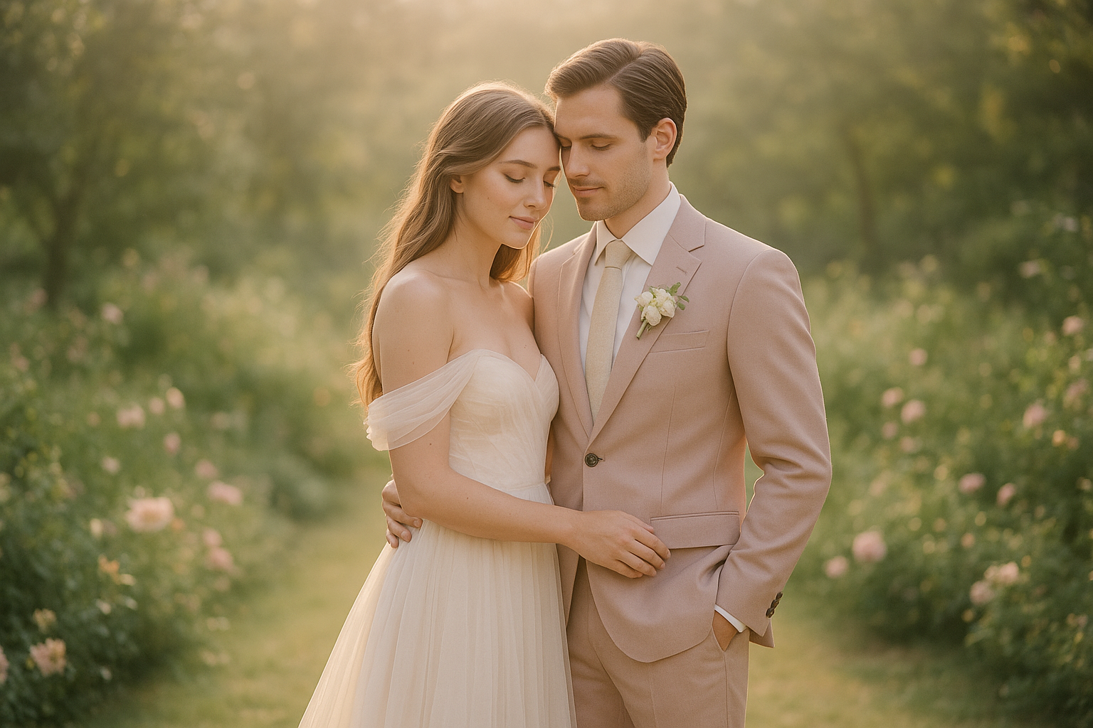 Romantic newlywed portrait in a pastel garden setting