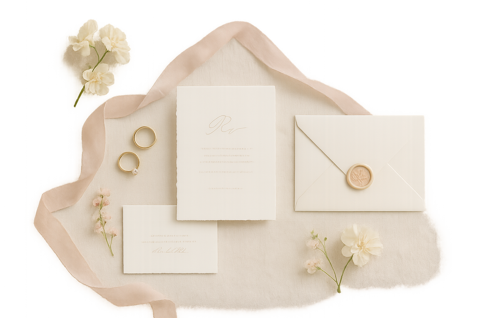 Wedding flat lay with rings, invitation suite, and silk ribbon