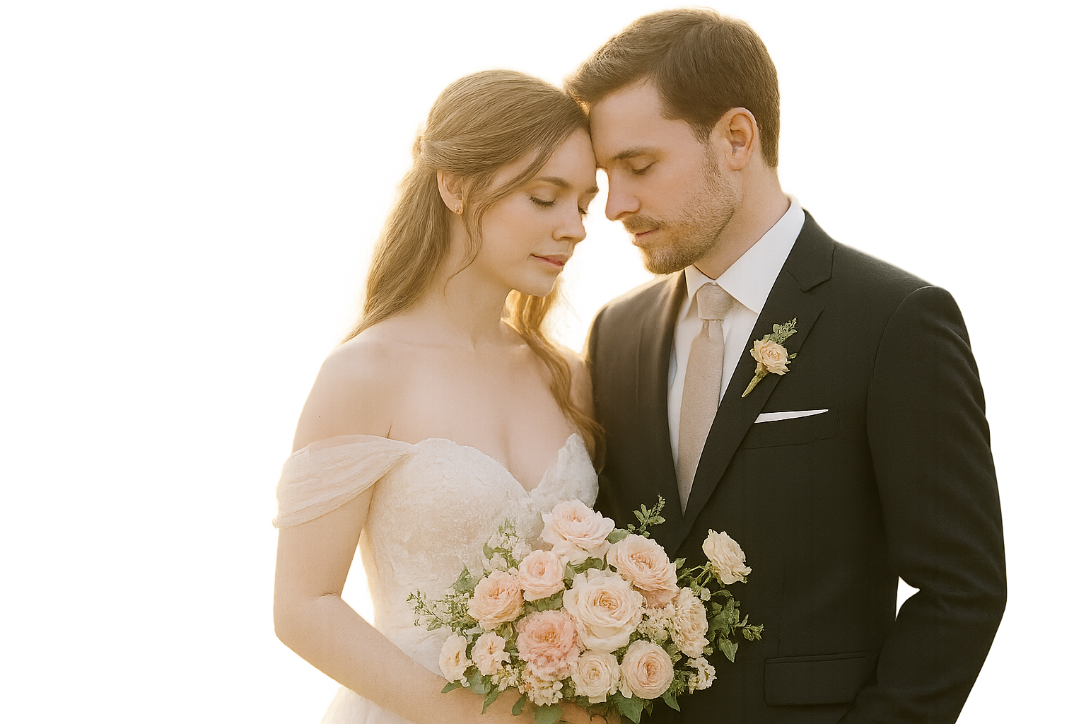 Romantic wedding portrait of a couple in soft natural backlight