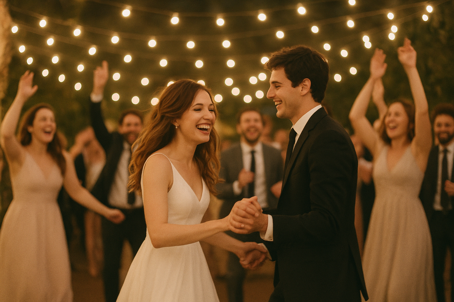 Couple celebrating on dance floor under warm reception lights
