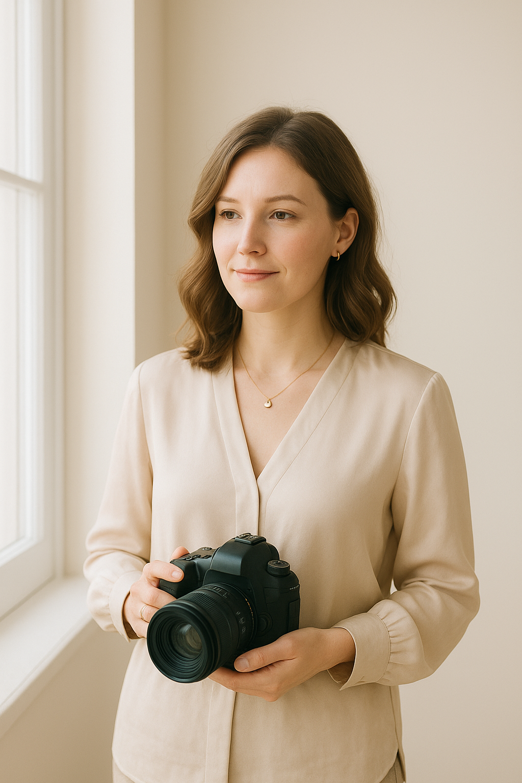 Quiet editorial portrait of wedding photographer Elena Hart in soft natural window light