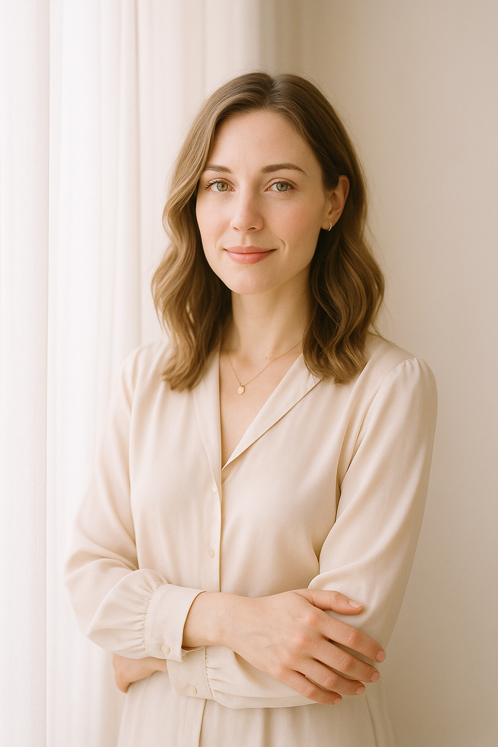 Wedding photographer in natural window light, softly smiling beside sheer curtains in an airy studio