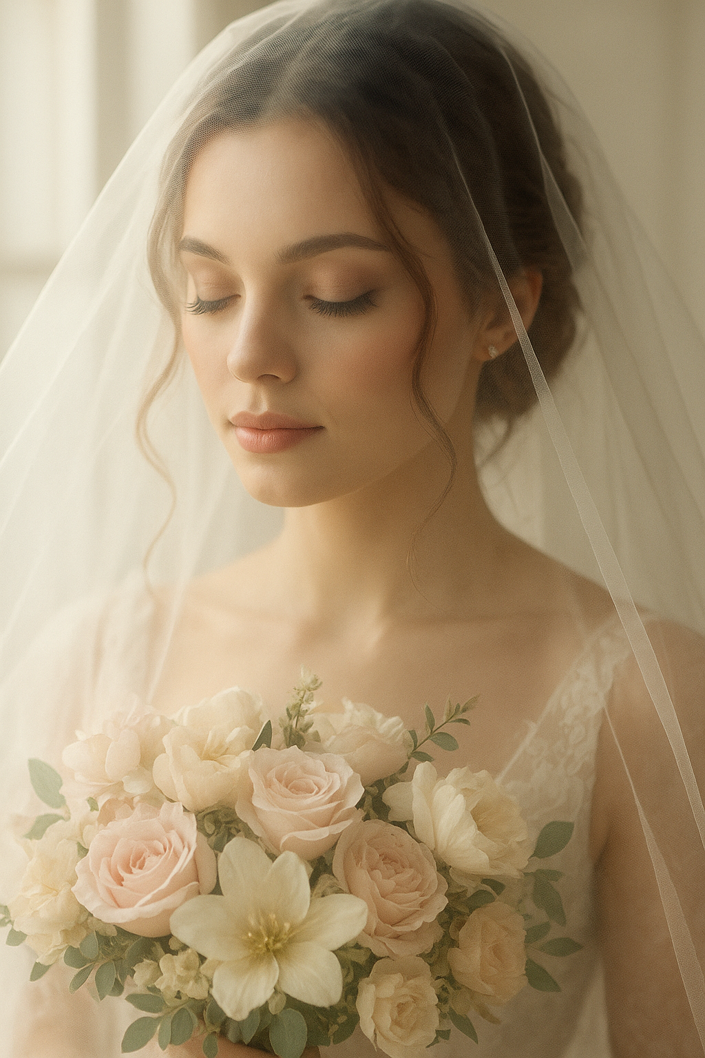 Editorial close portrait of the bride with soft veil layers and pastel bouquet tones