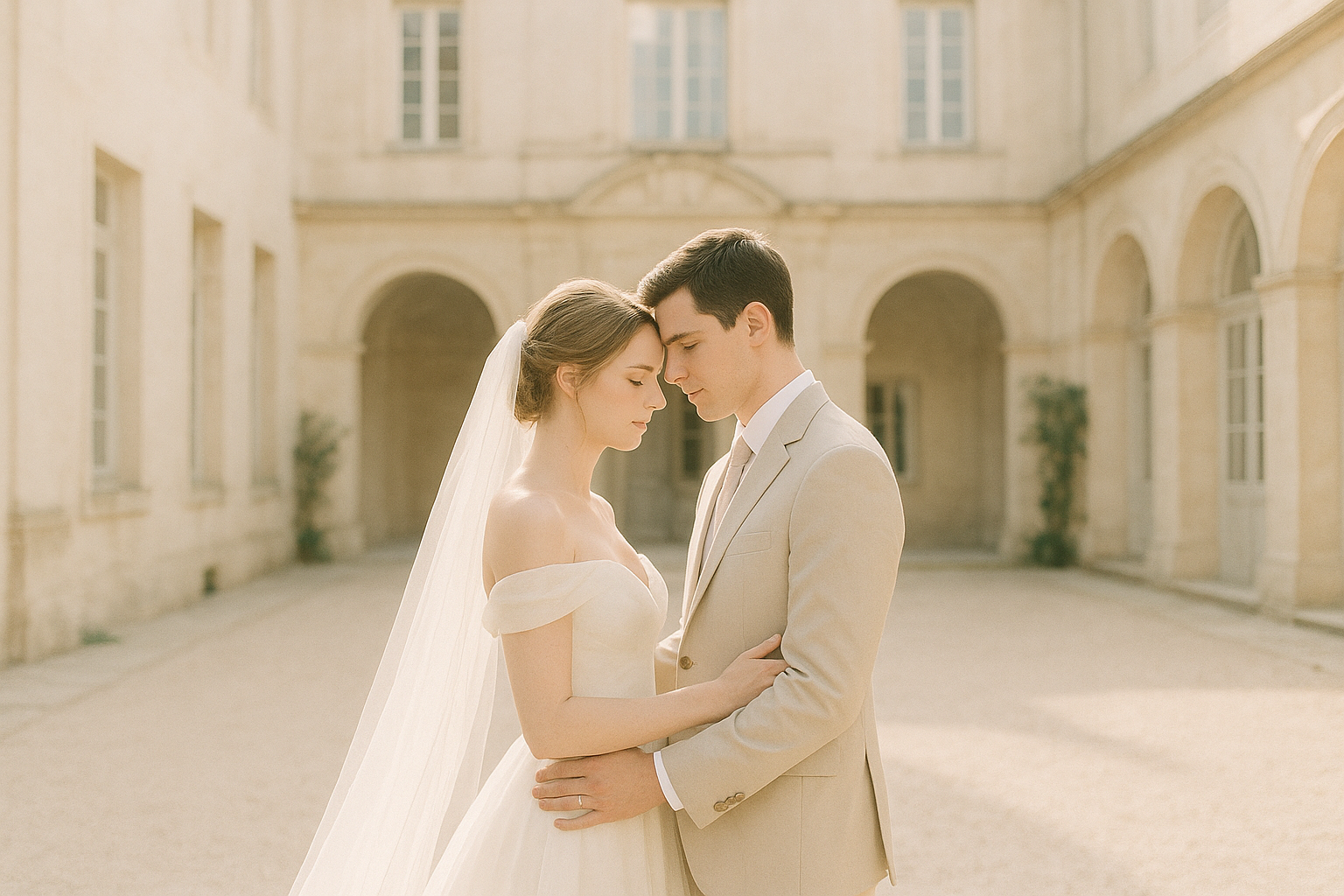 Wide romantic couple portrait in a historic estate courtyard with creamy architecture and airy composition