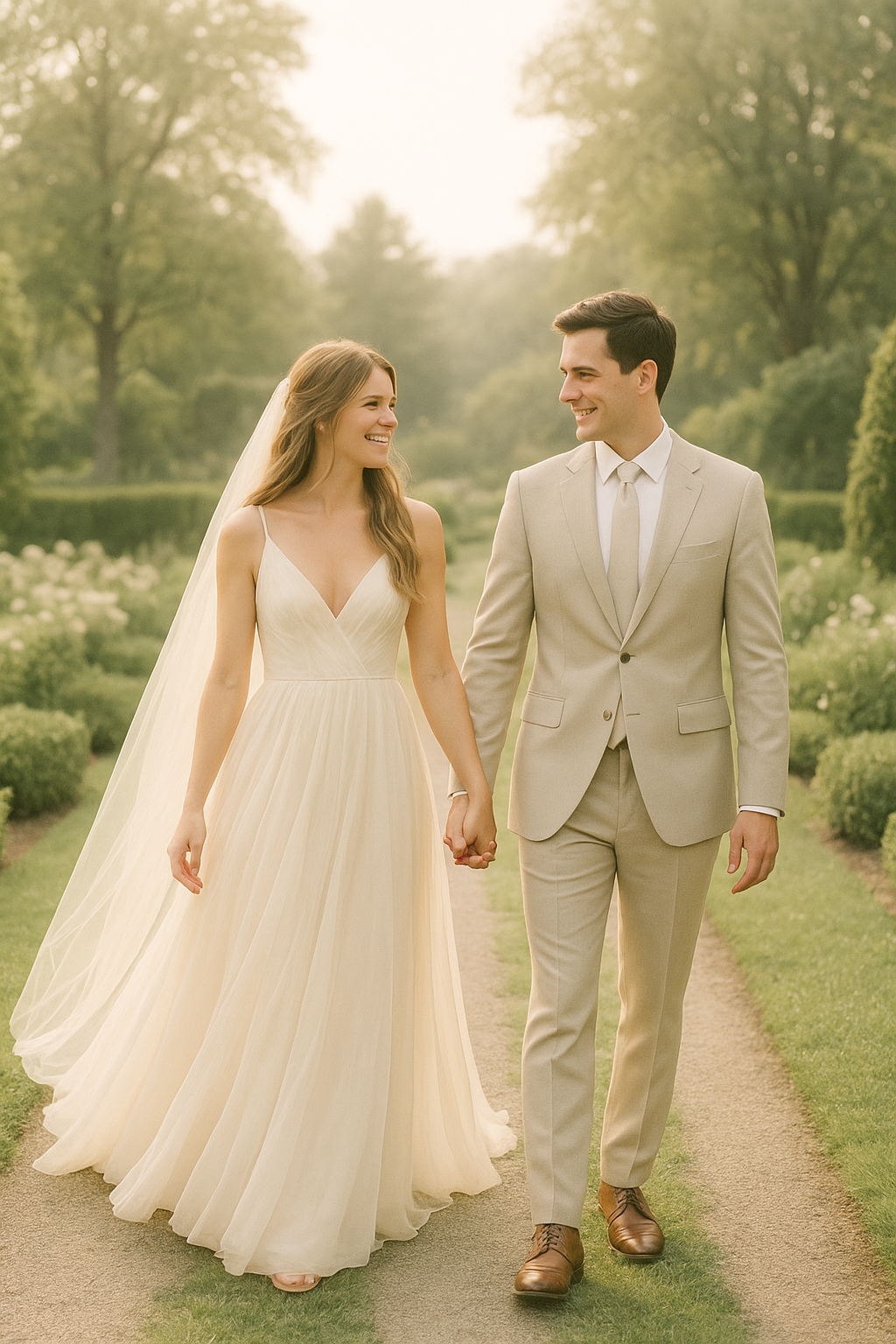 Couple walking hand in hand along a garden path with movement in the gown and soft backlight