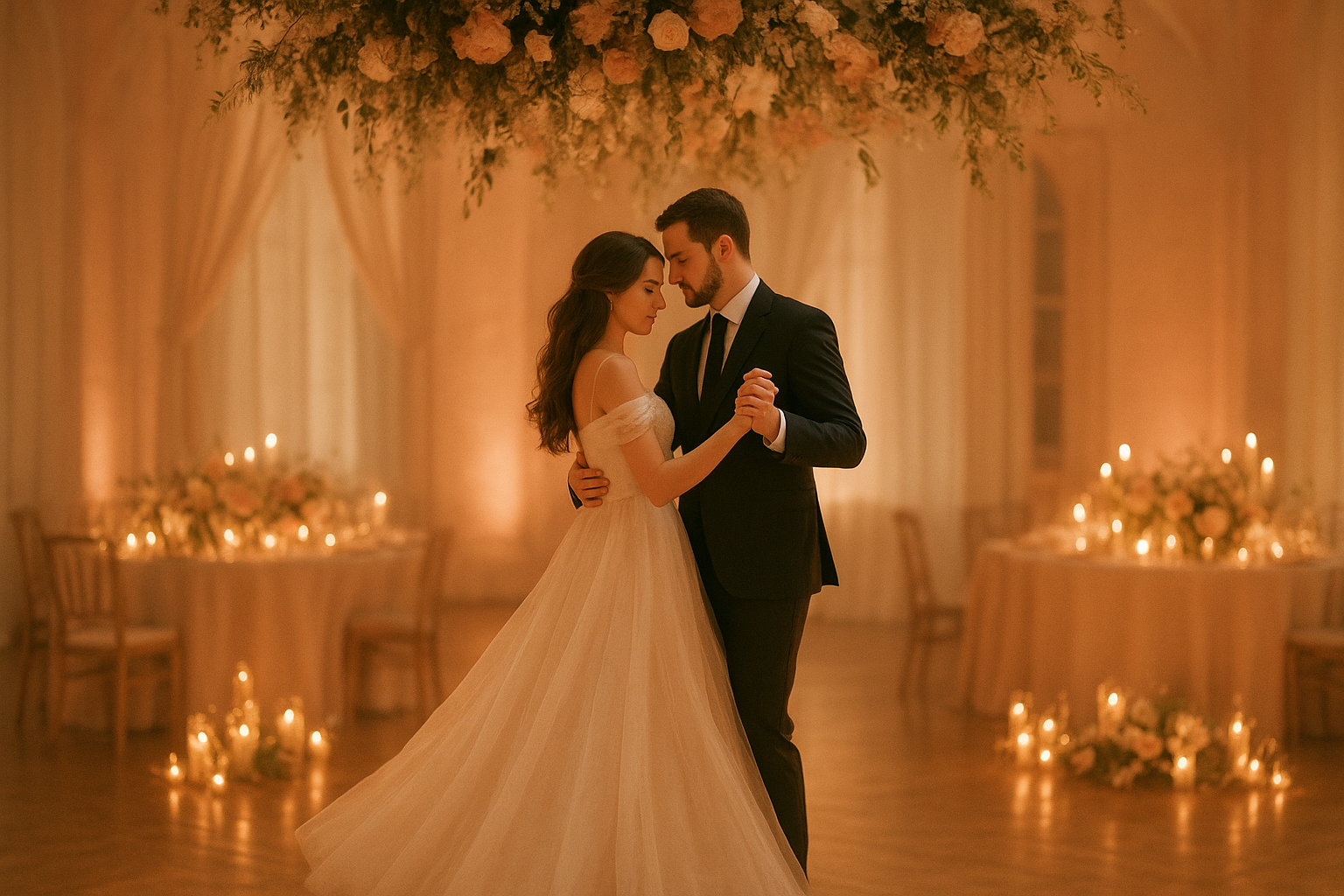 First dance beneath warm candlelight and hanging florals in an elegant reception hall