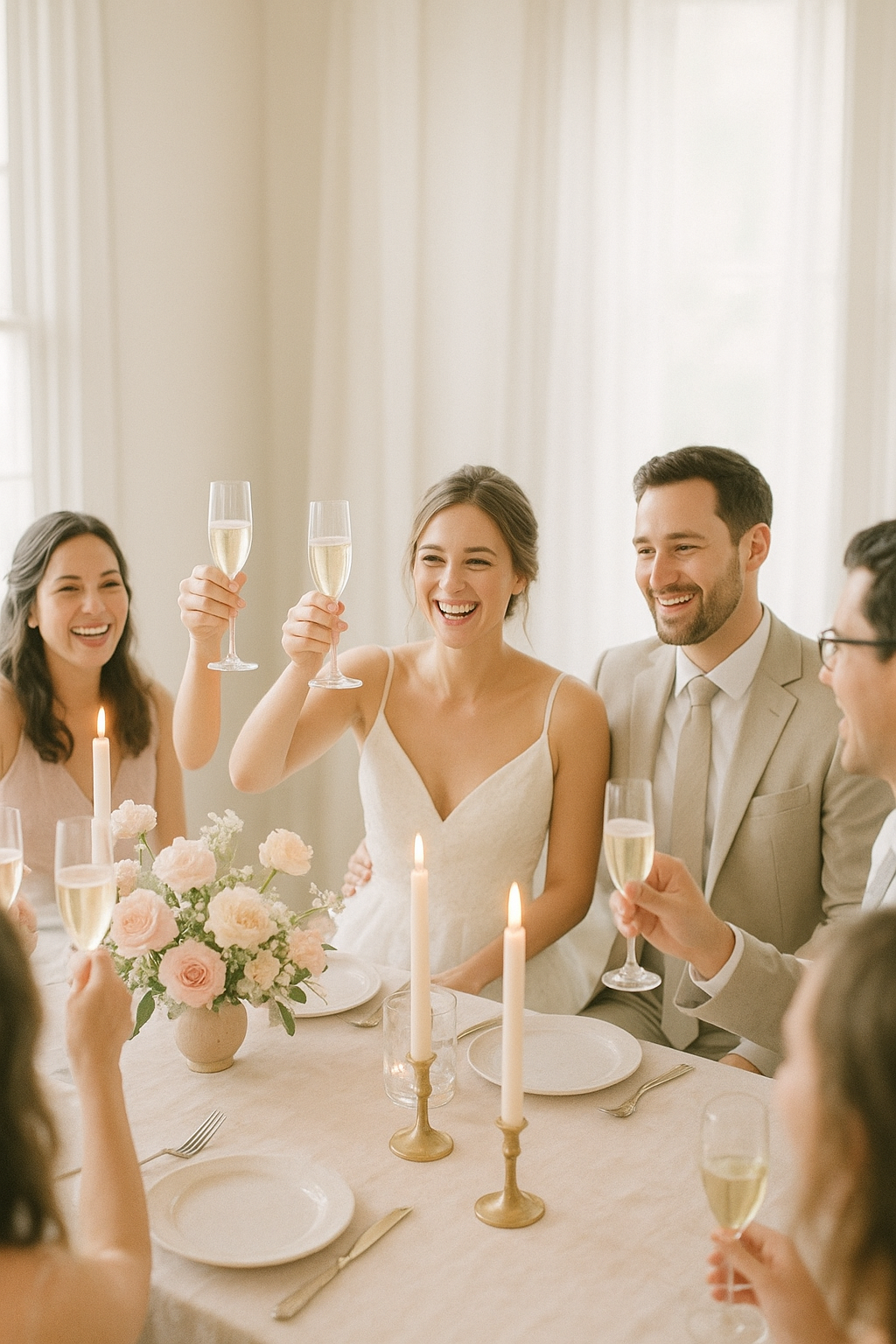 Emotional reception toast with smiling guests and softly glowing table candles