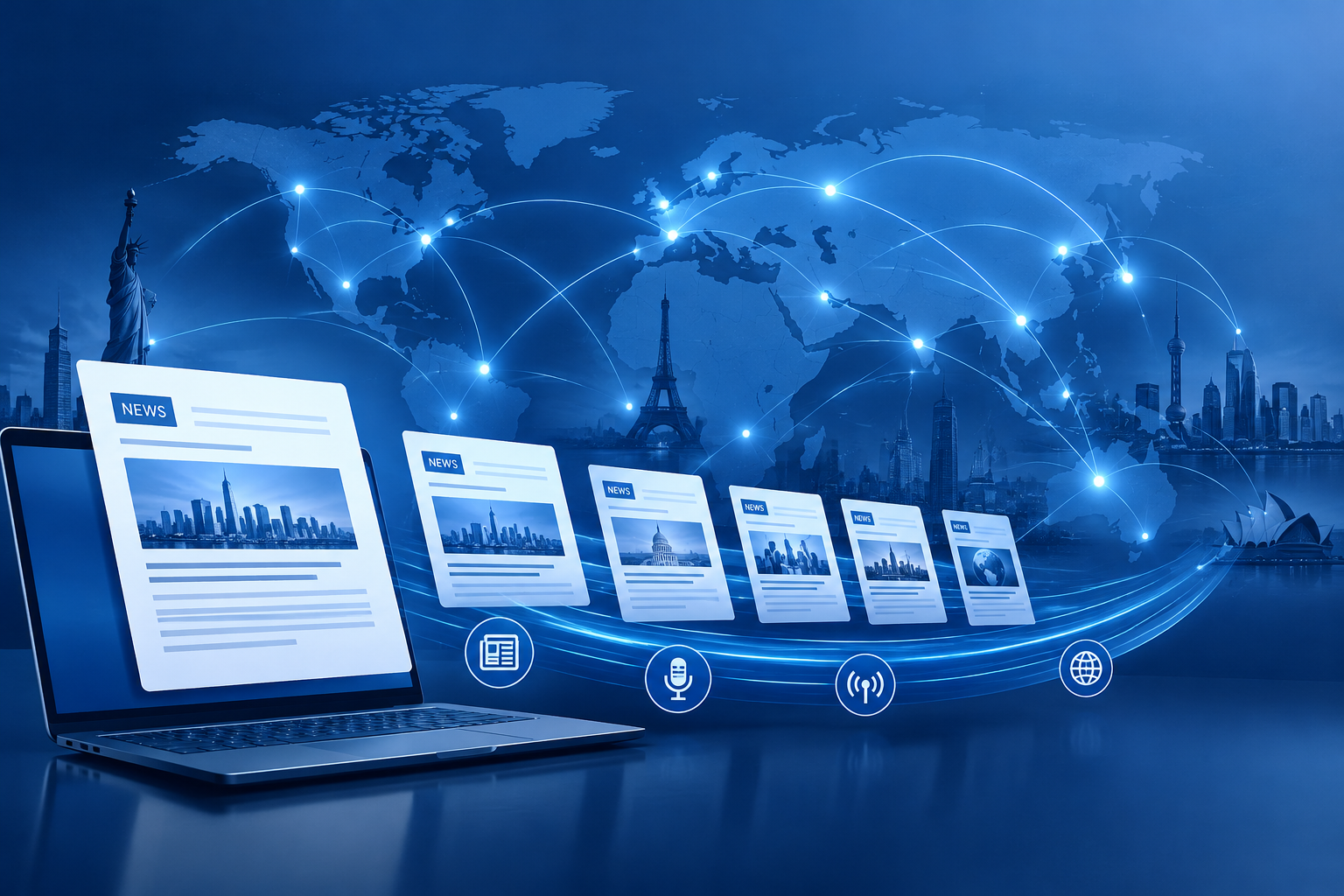 Blue-toned international communications composition with world map, connected global city points, digital news document panels, and media distribution pathway lines in a premium editorial style