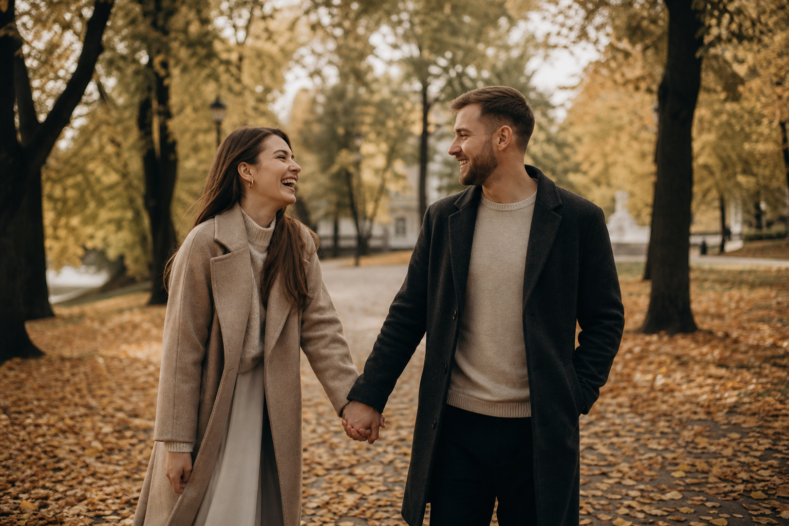 Couple laughing while walking through an autumn park