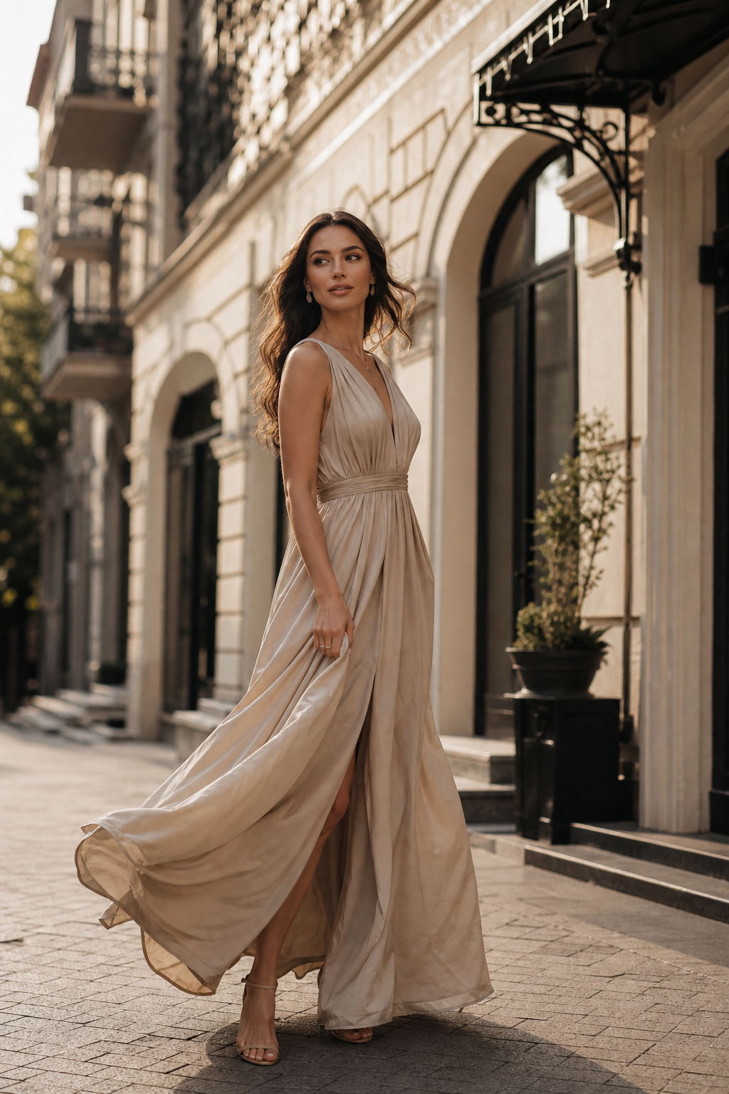 Stylish woman in a flowing dress posed on an urban street for an editorial shoot