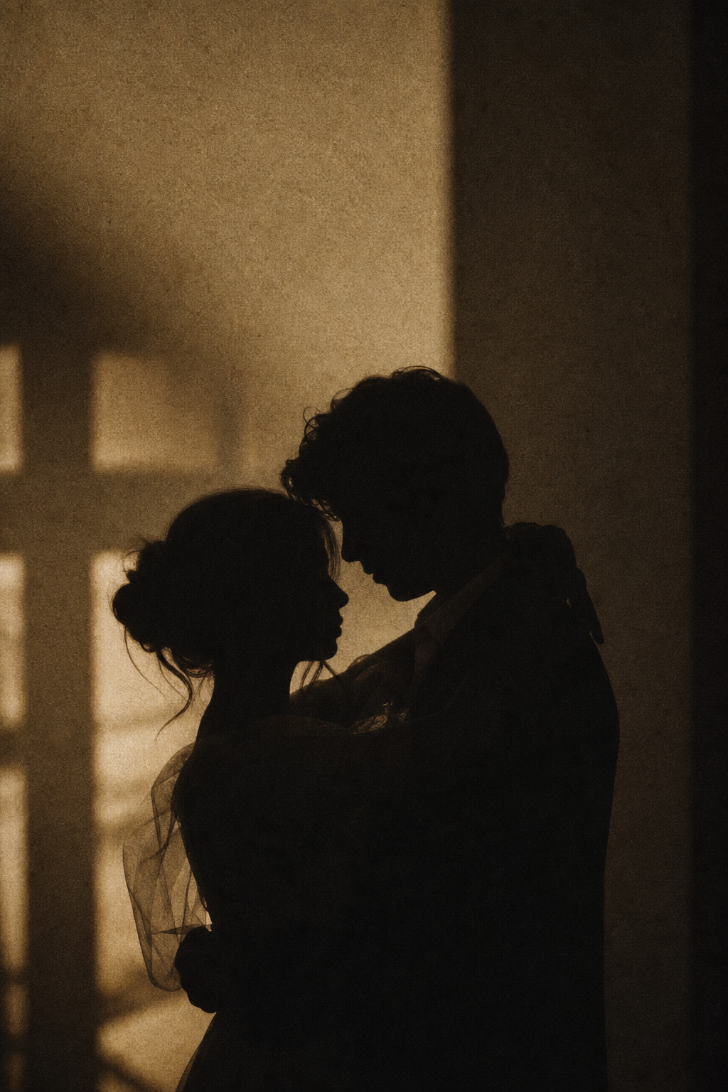 Moody grainy filmstrip still of a couple silhouette