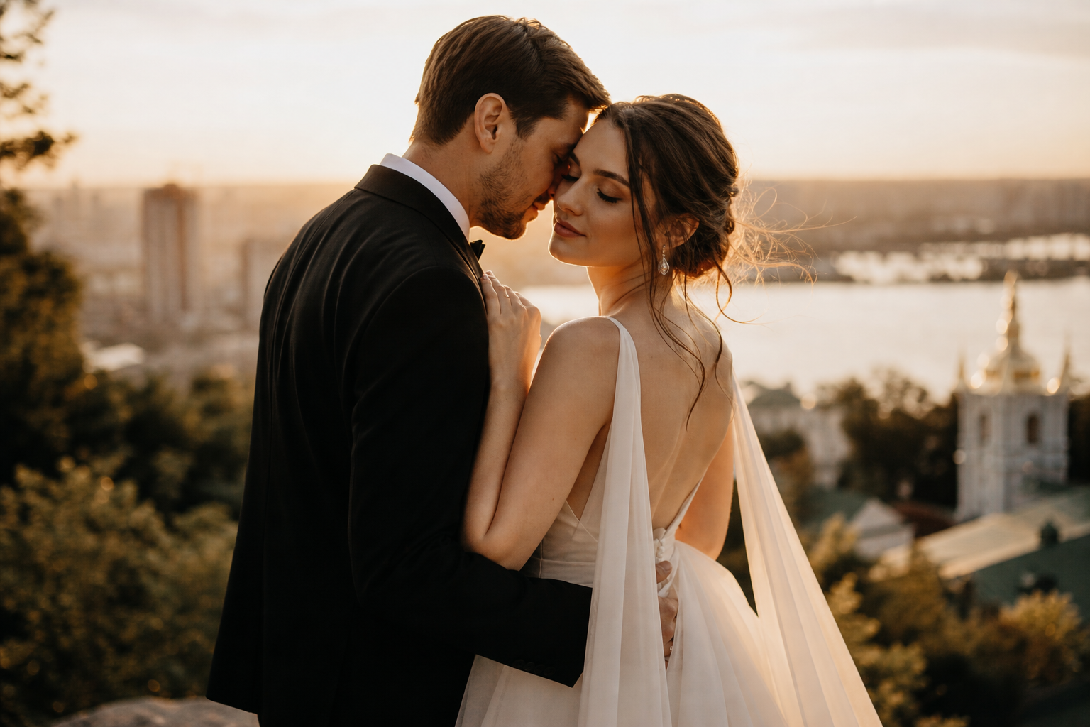 Bride and groom sharing an intimate moment at golden hour in Kyiv