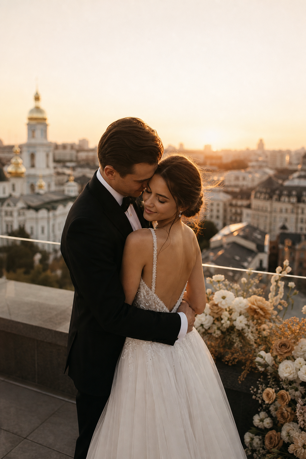 Bride and groom embracing on a rooftop at golden hour in Kyiv