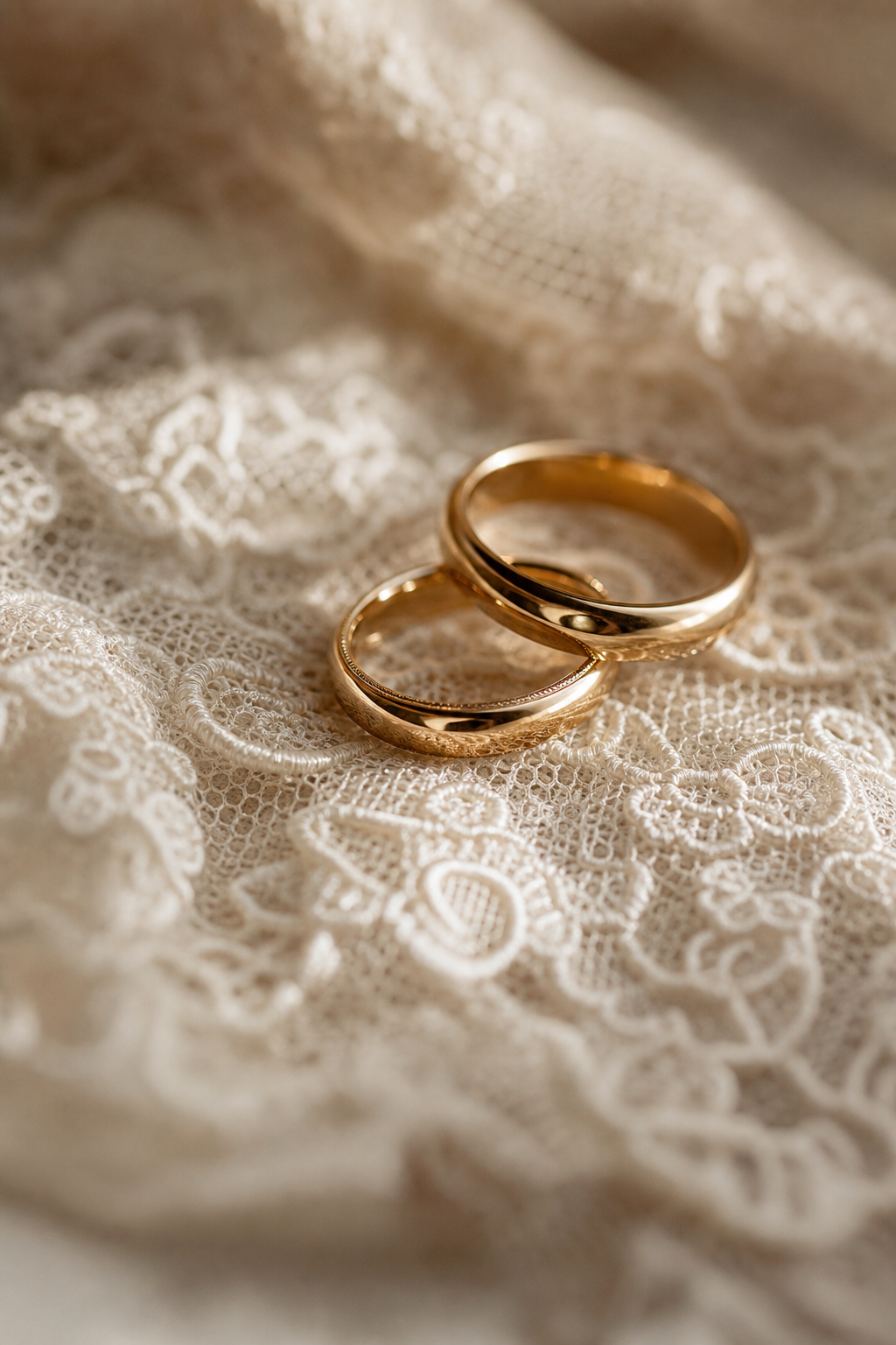 Close-up of wedding rings resting on vintage lace fabric