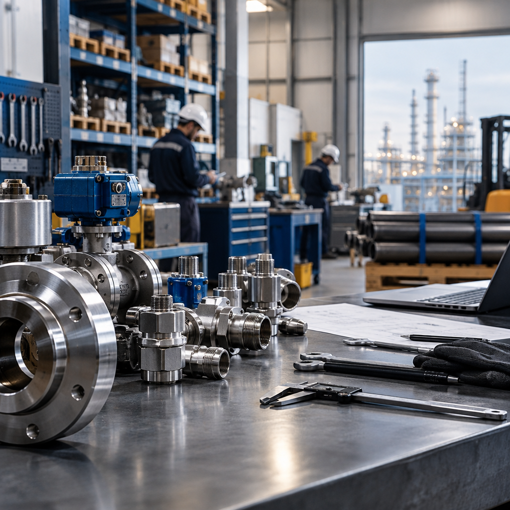 Entorno industrial con técnicos revisando equipos y componentes de suministro técnico
