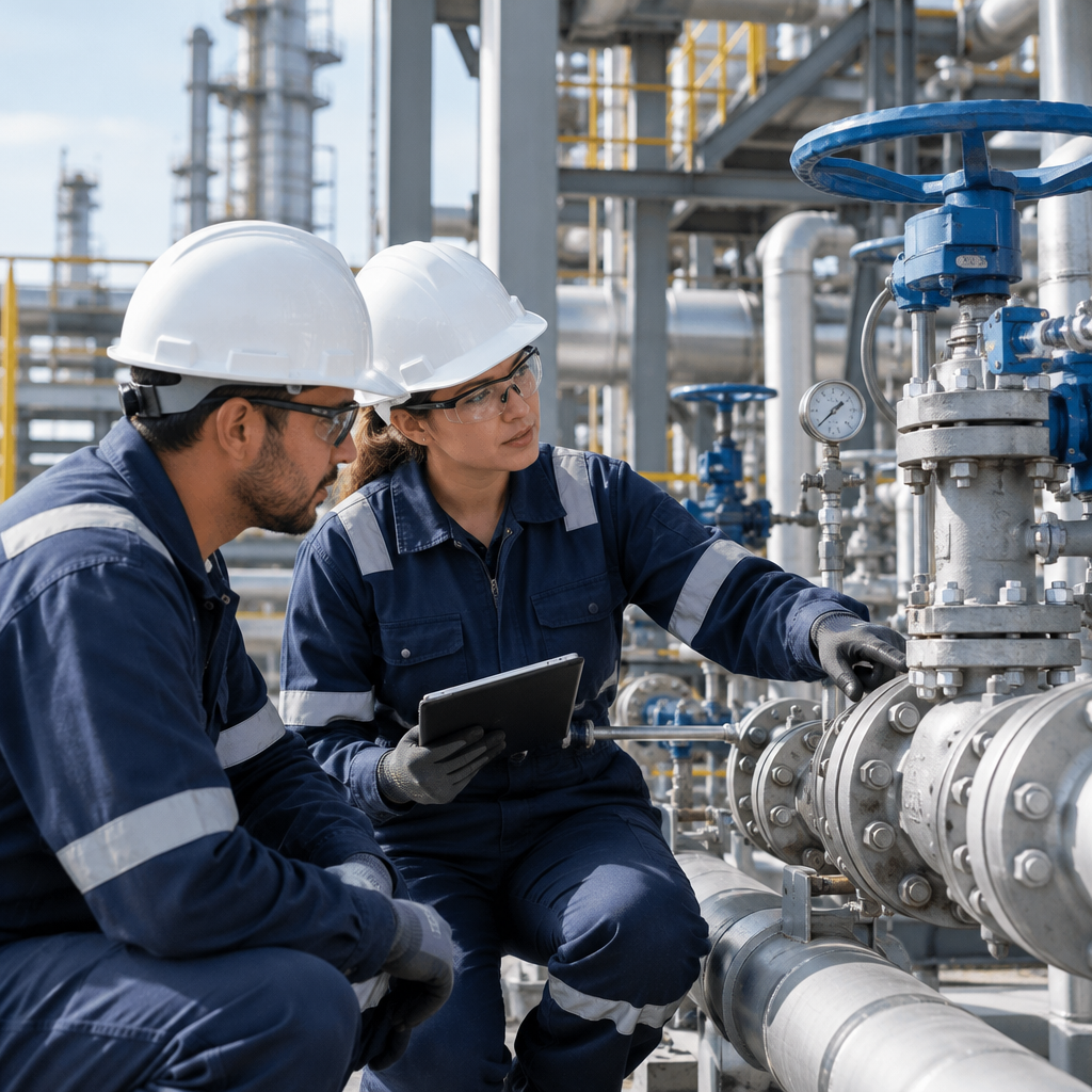 Aplicación técnica en entorno oil and gas con personal inspeccionando componentes industriales