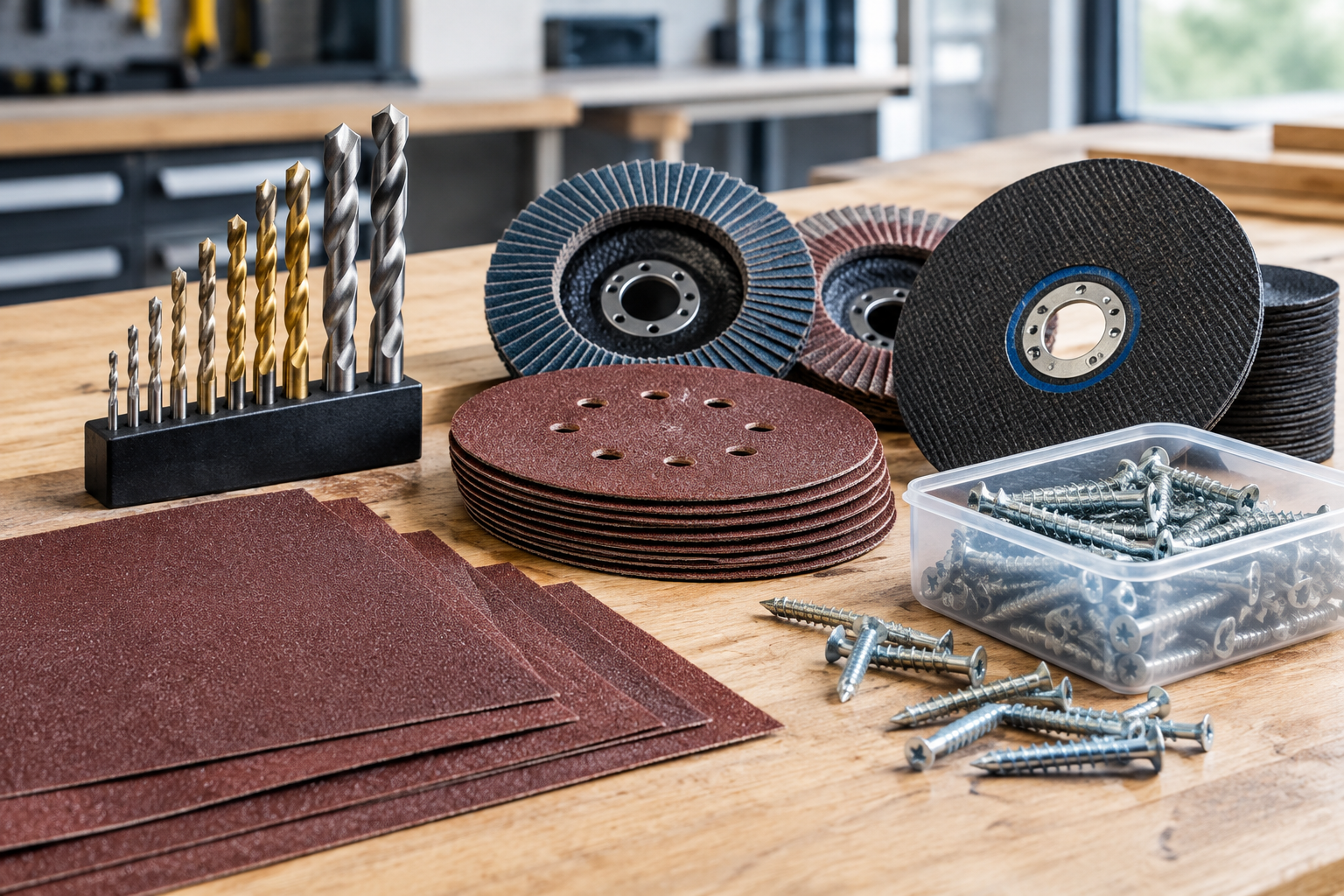 Consumibles de carpintería con brocas, abrasivos y tornillería sobre mesa de trabajo de madera