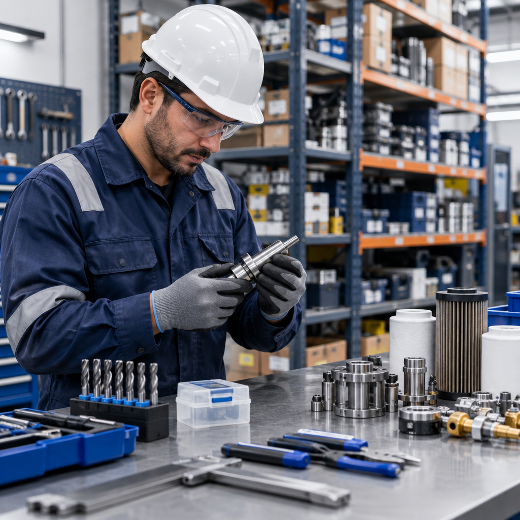 Operario técnico revisando herramientas de precisión y consumibles en banco de trabajo industrial