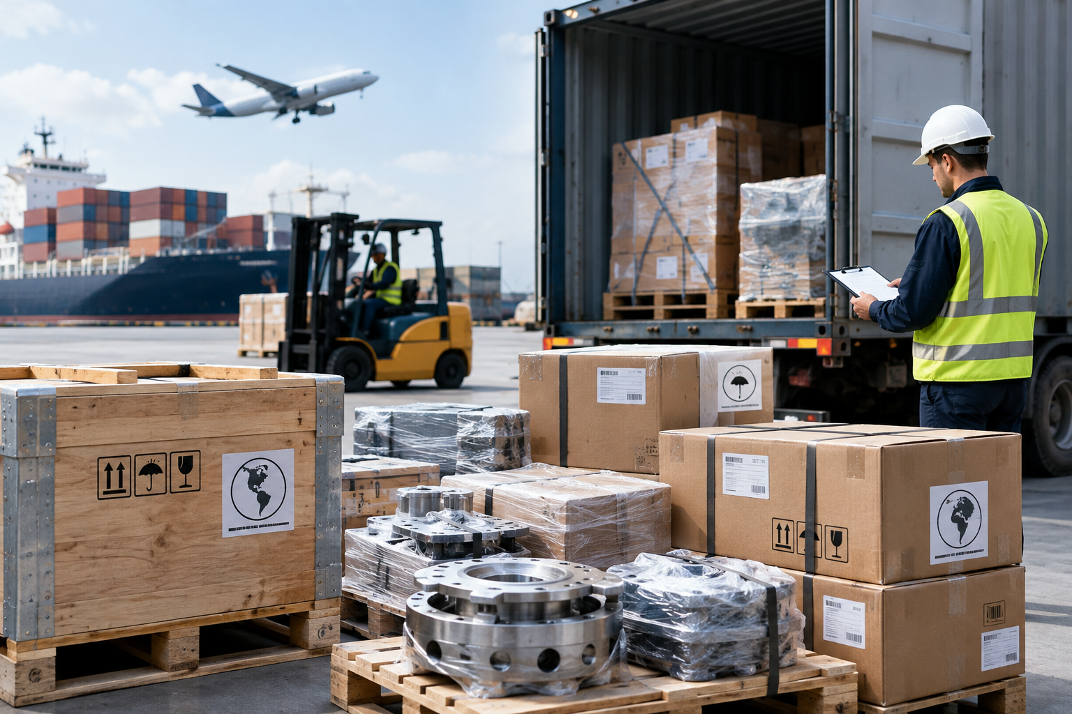 Carga técnica internacional con cajas y componentes industriales listos para importación especializada