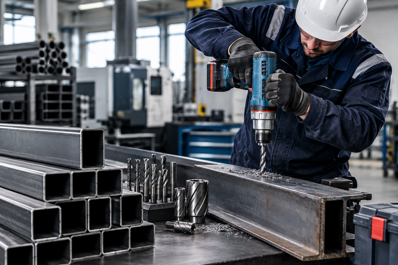 Trabajos sobre perfiles de acero con herramientas de corte y perforación en área industrial