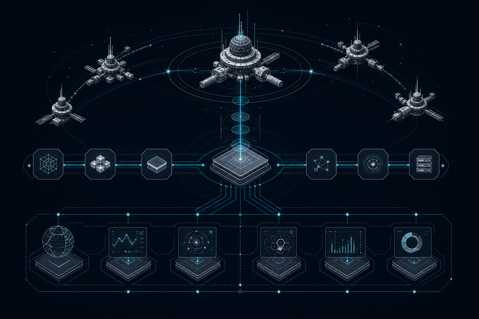 Abstract space-tech systems infrastructure schematic with orbital node clusters, compute pathways, and enterprise control topology