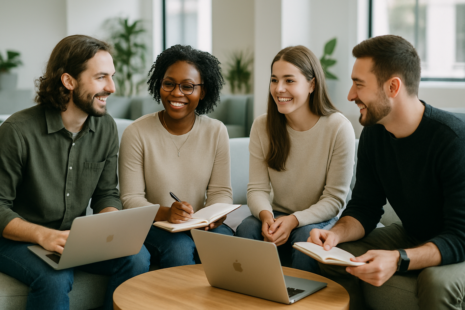 Smiling ministers collaborating with laptops and notebooks in a bright lounge