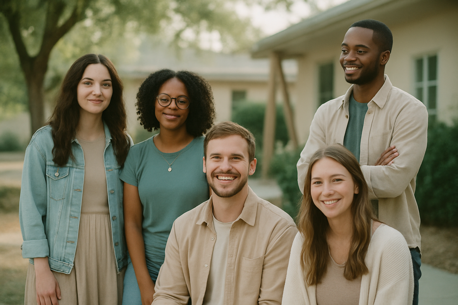 Diverse young adults gathered outdoors sharing a peaceful moment