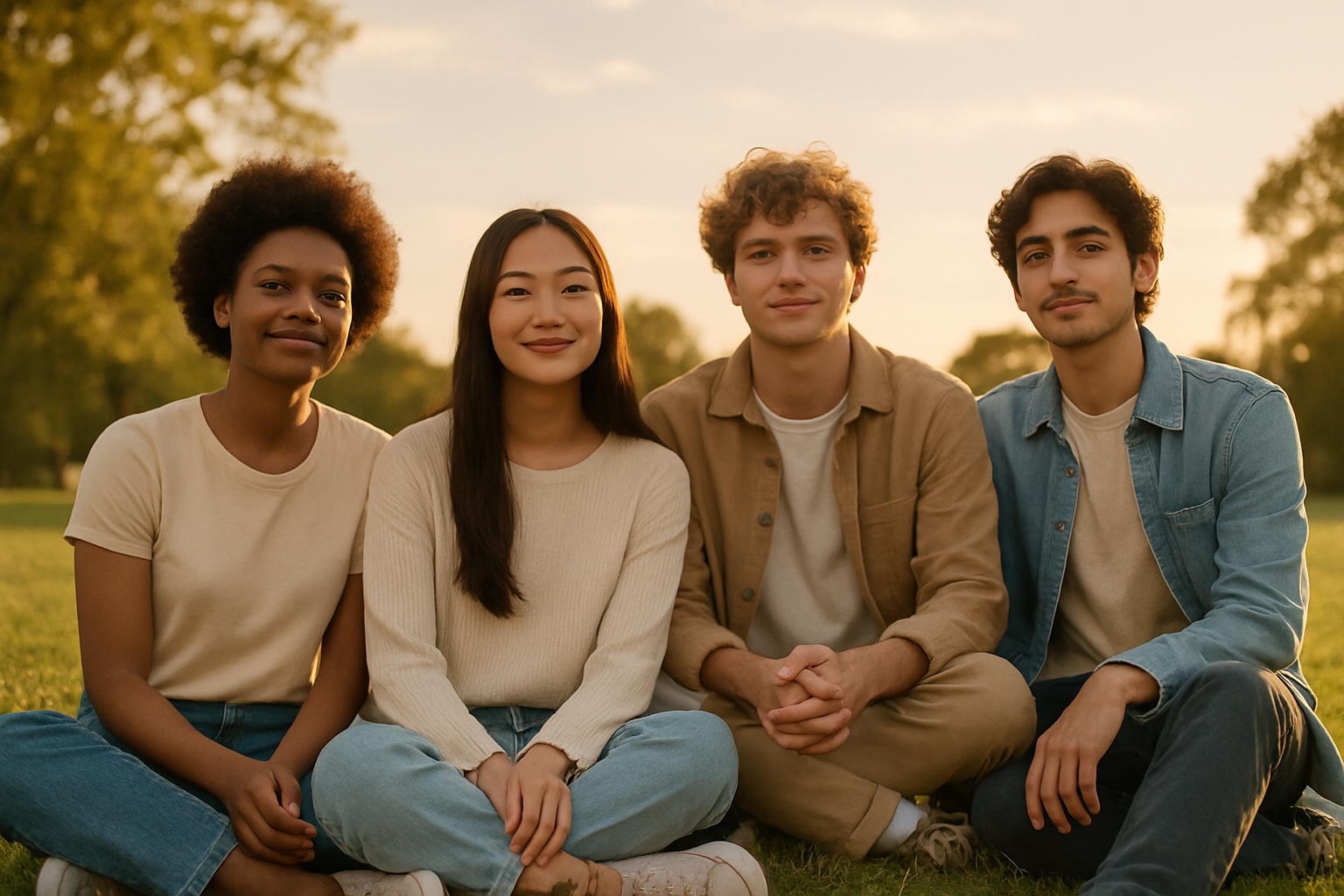 A diverse group of young adults sharing a calm moment outdoors, symbolizing peace and community
