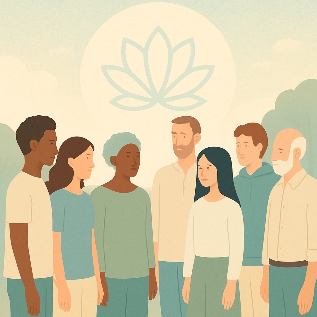 Peaceful community illustration with diverse people supporting each other