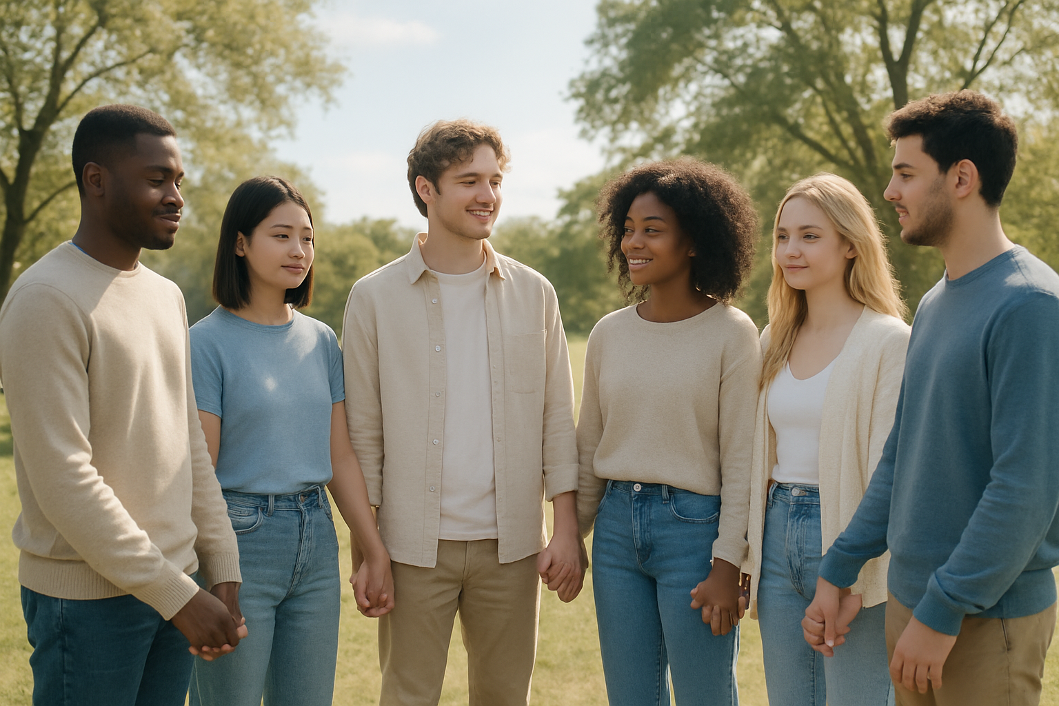 A peaceful circle of diverse young adults holding hands outdoors