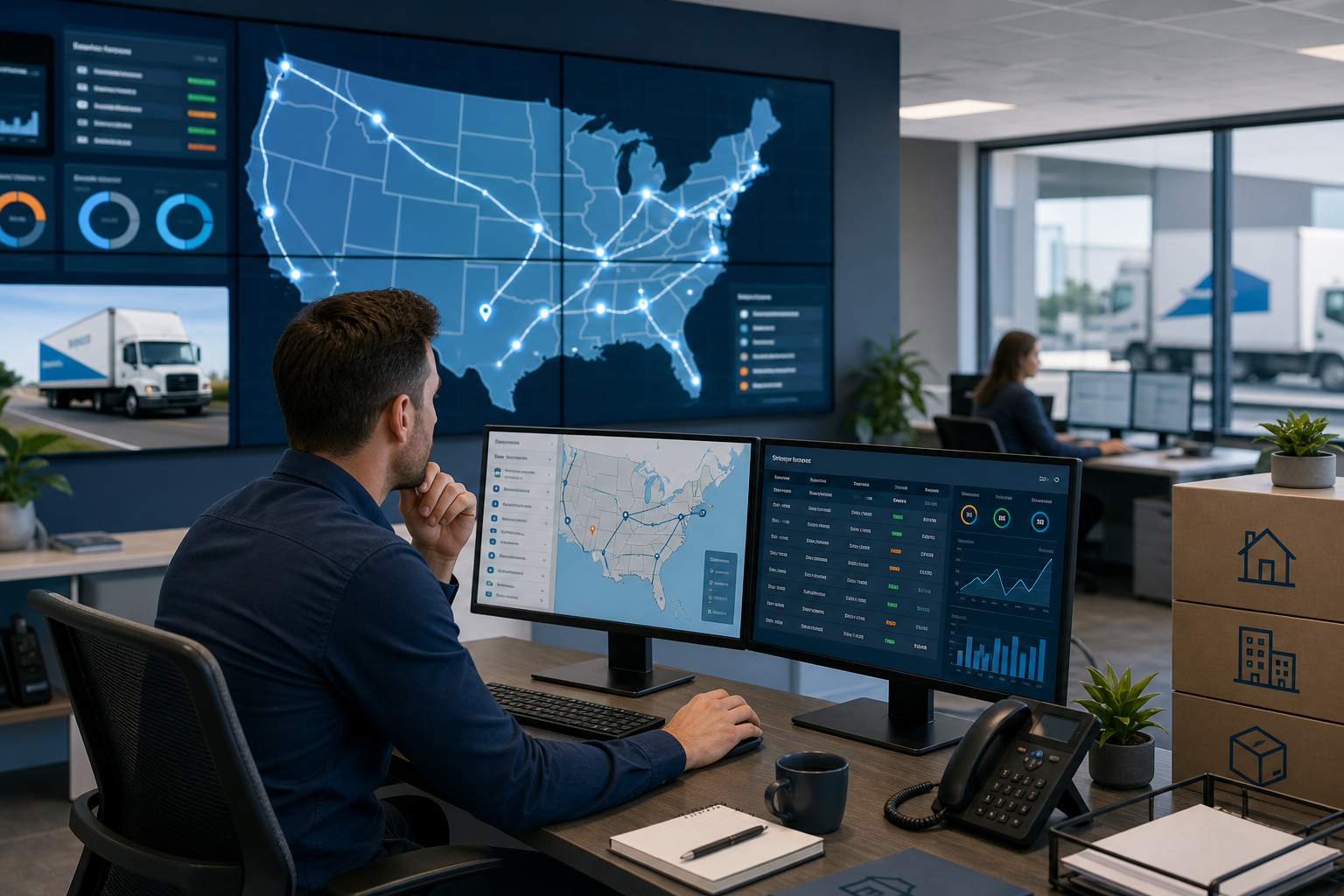 Modern logistics control room with a planner reviewing a national moving map, route lines, and shipment status screens in a refined corporate workspace