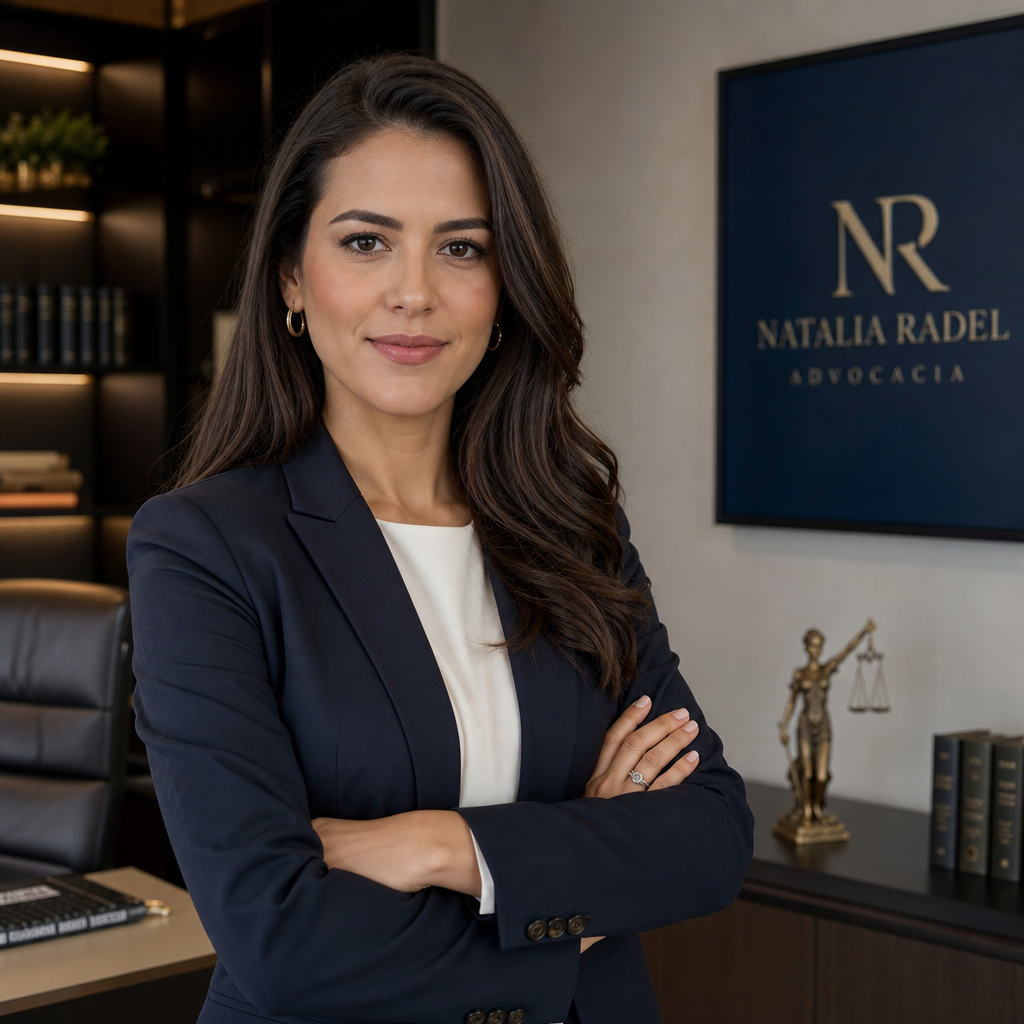 Retrato profissional da advogada em ambiente corporativo