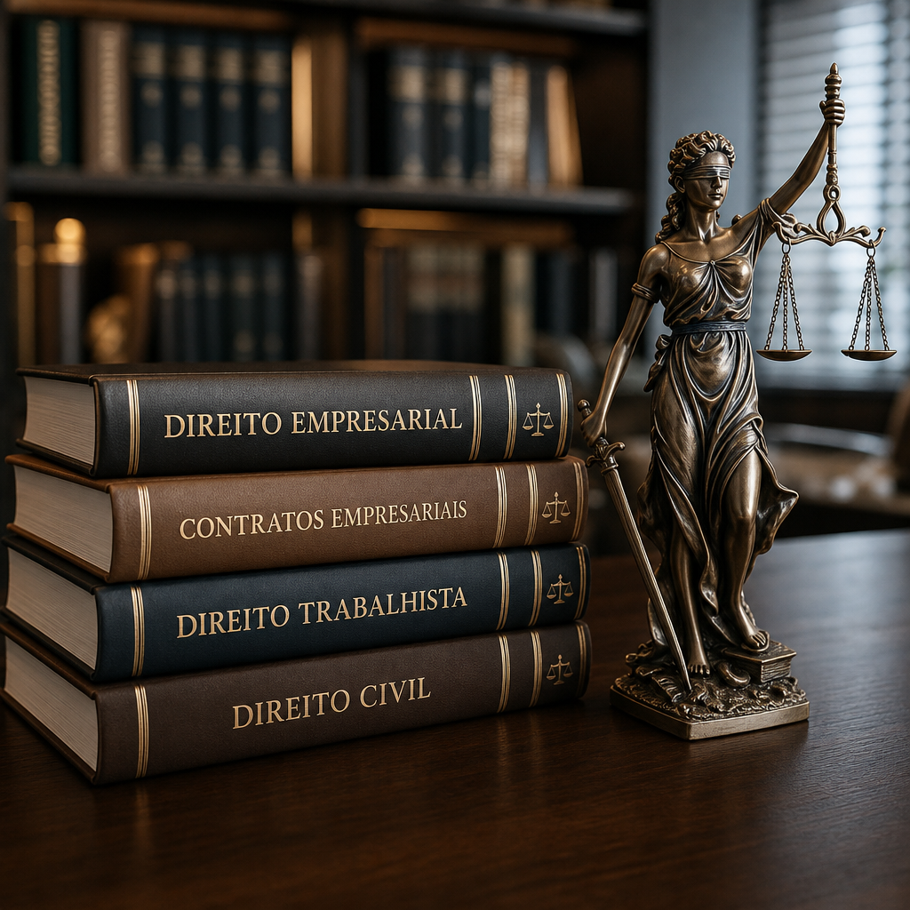 Foto de livros jurídicos com estátua da justiça
