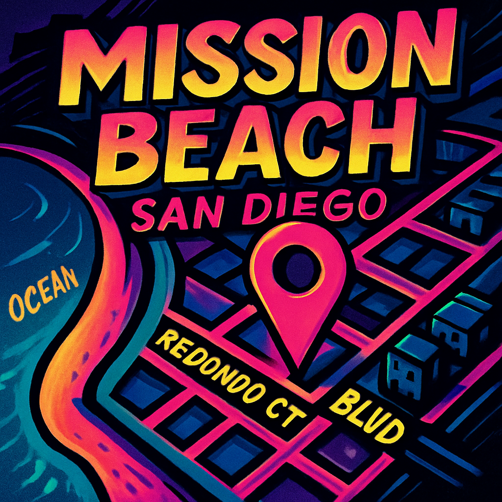 Modern colorful map illustration of Mission Beach, San Diego, with a playful pin marking a secret location