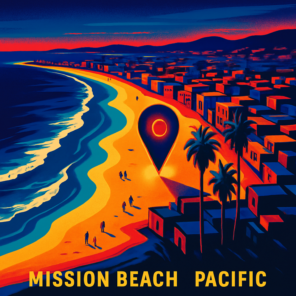 Modern colorful map illustration of Mission Beach, San Diego, with a playful pin marking a secret location