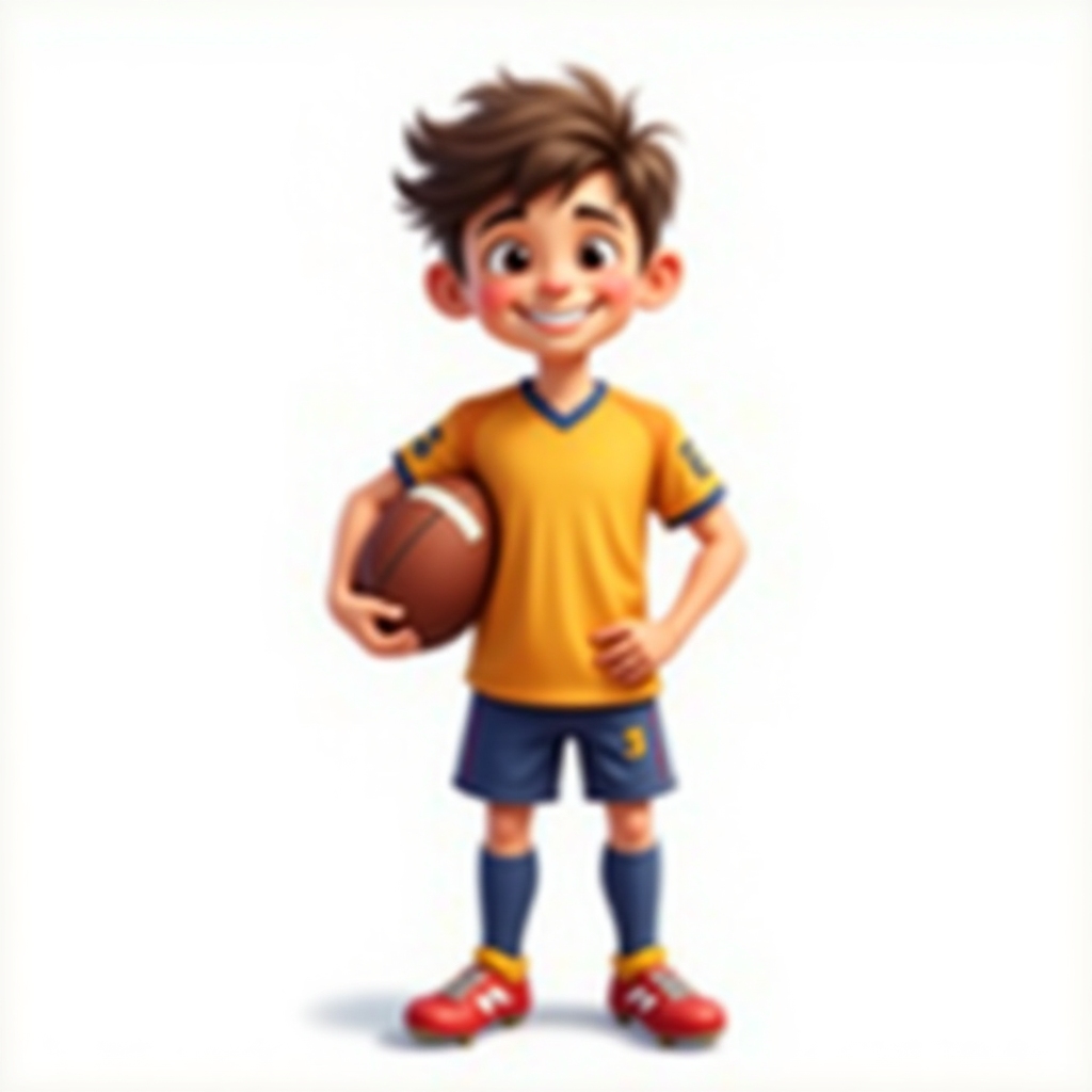 Smiling kid in football gear with a ball