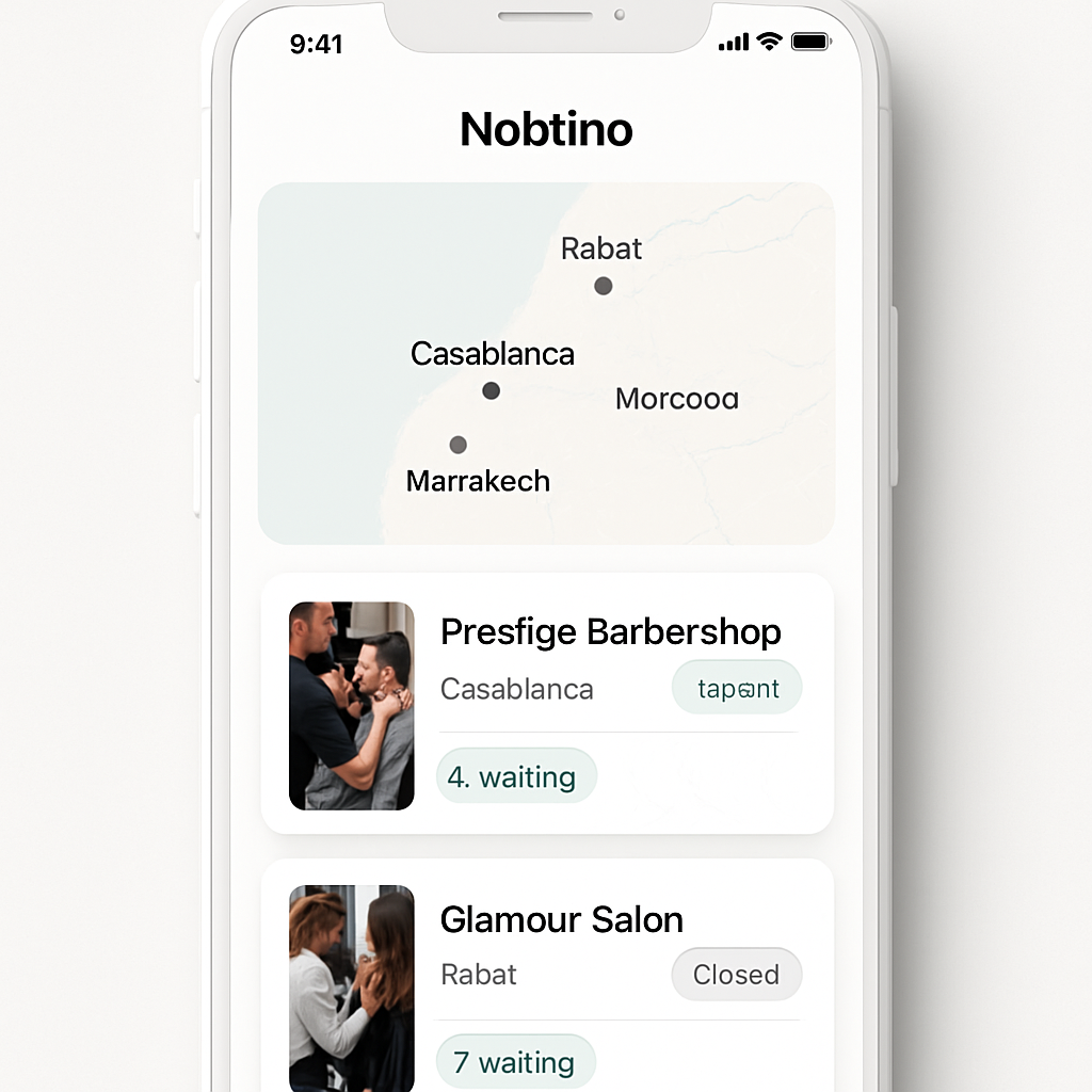 Concept app mockup showing a Morocco map with nearby barber and salon cards, queue indicators, and open or closed status tags
