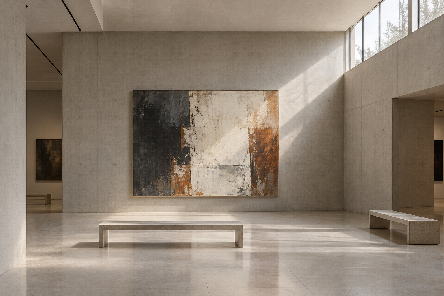 Quiet contemporary gallery interior with concrete walls, a large abstract canvas, and soft daylight entering from high clerestory windows