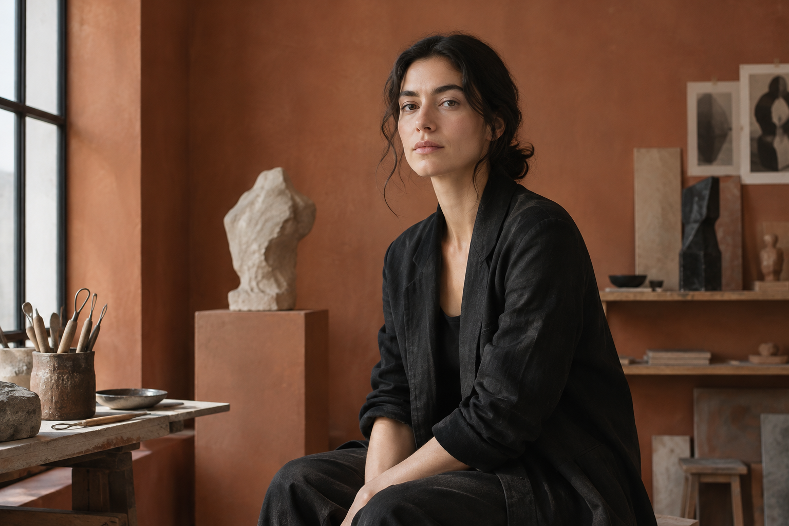 Portrait of a young sculptor in a terracotta-toned studio wearing a black linen jacket