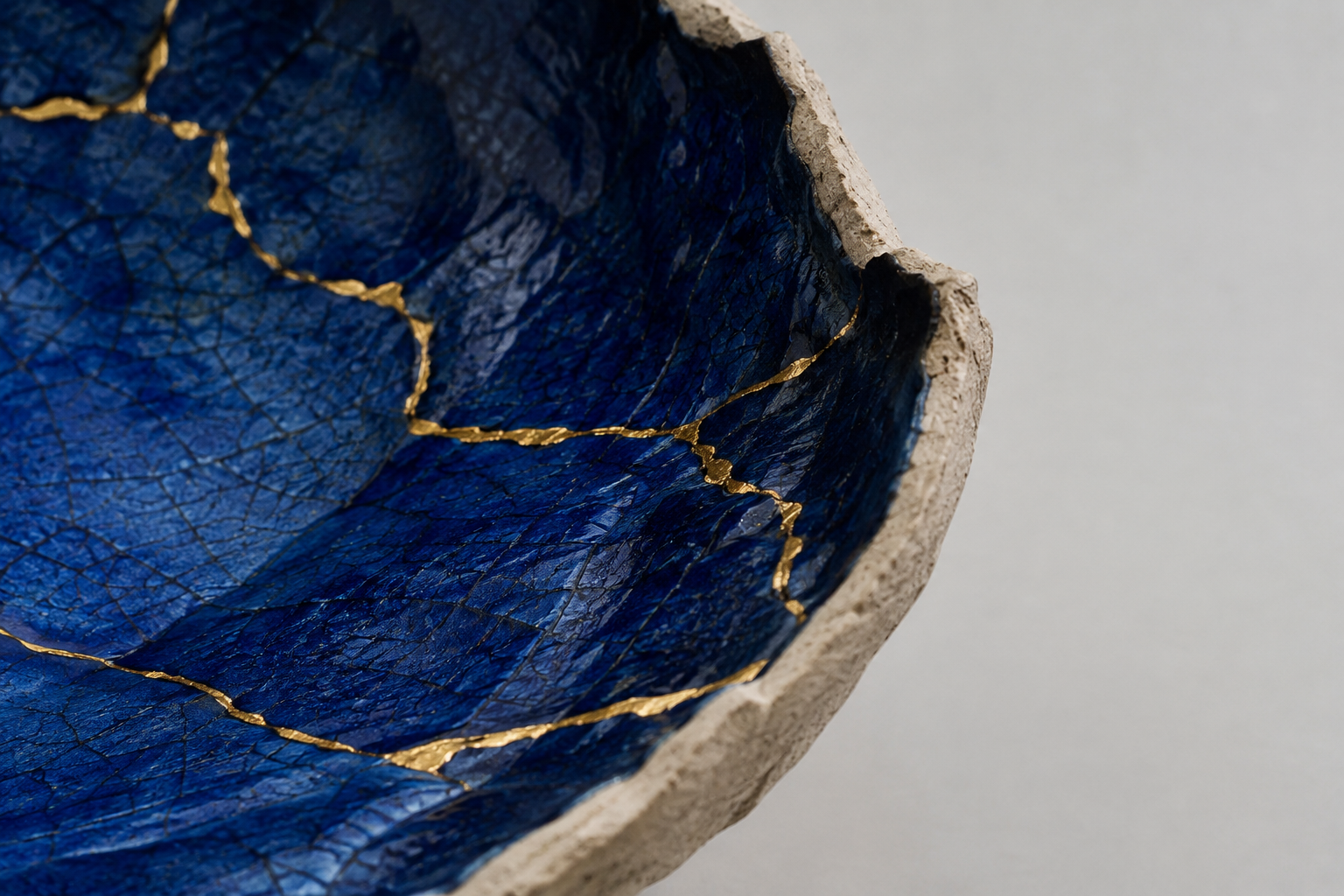 Close detail of cracked ultramarine ceramic glaze with subtle gold veining and matte edges