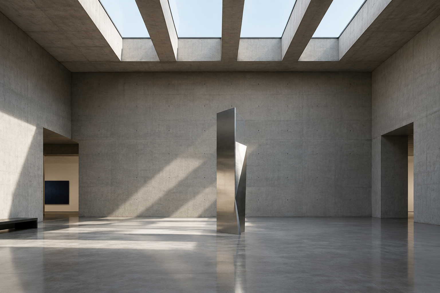Minimal concrete museum atrium with skylight beams and a solitary steel sculpture
