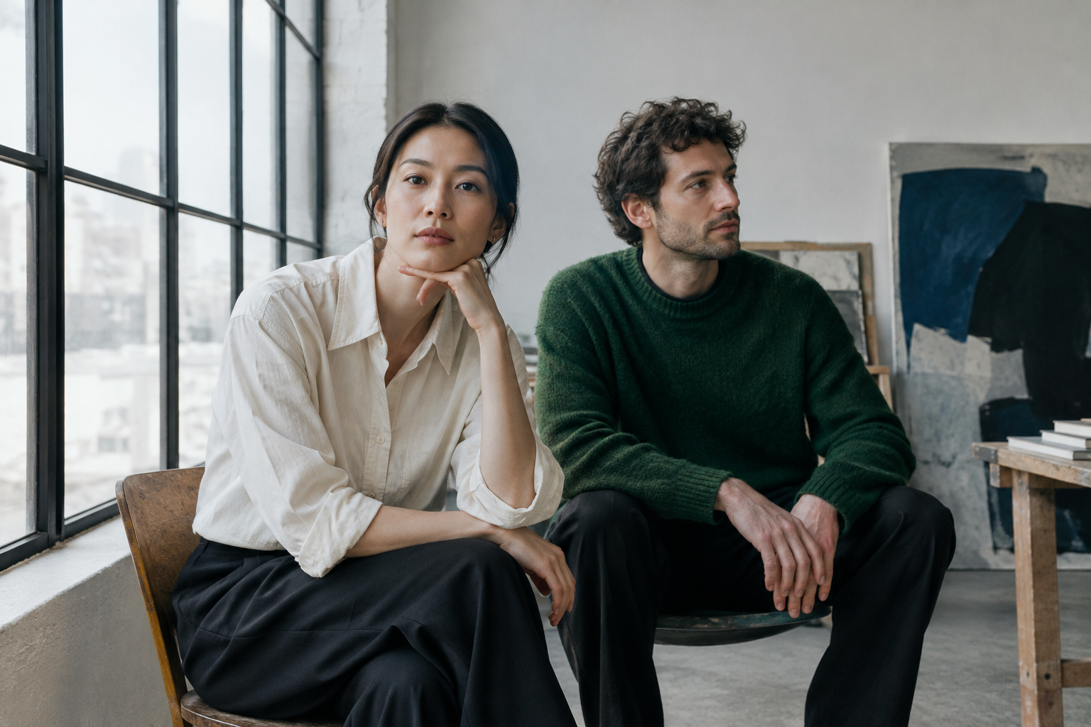 Two multidisciplinary artists seated by a tall window, one in an ivory shirt and one in a deep green knit