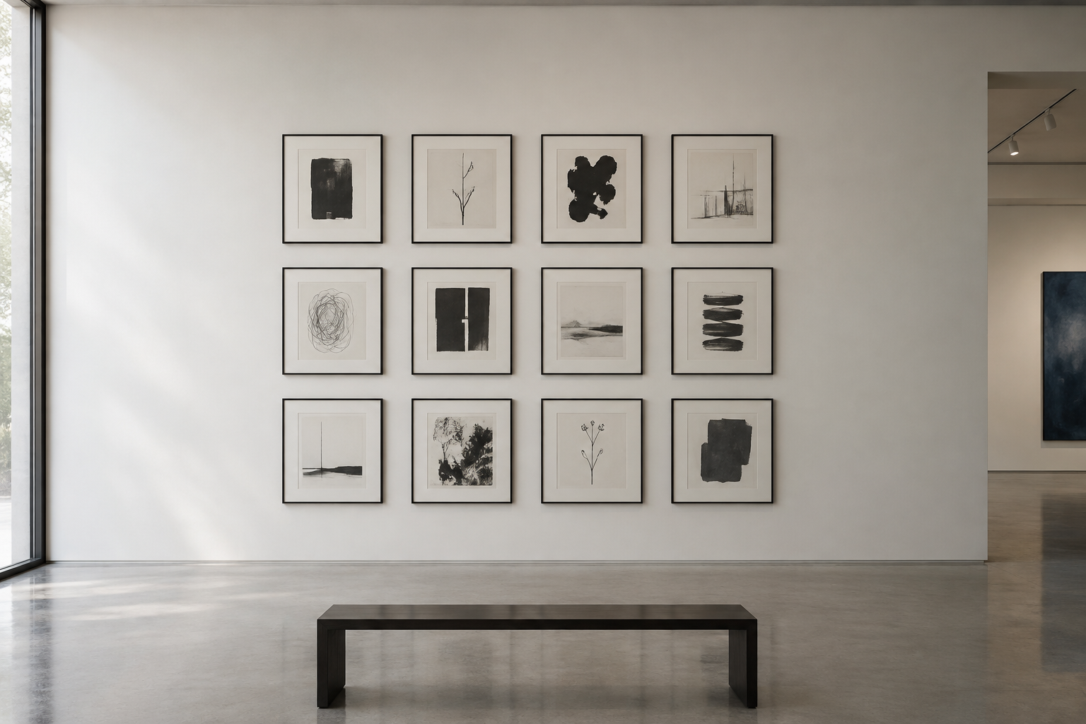 Wall grid of monochrome ink drawings with thin black frames and generous negative space