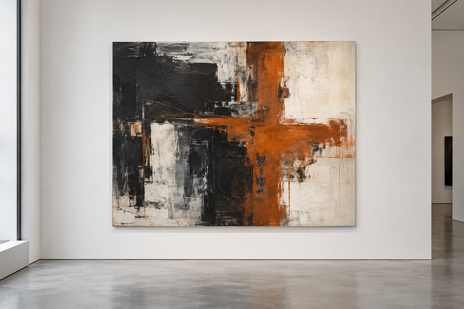 Large abstract painting with layered charcoal, rust, and pale cream brush gestures in a quiet white gallery