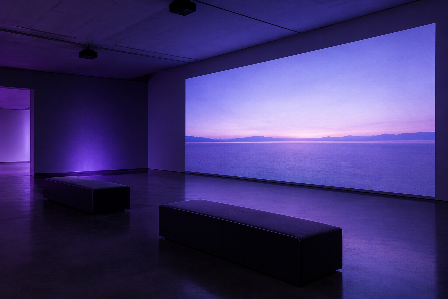 Immersive video room washed in violet light with low benches and a projected horizon film