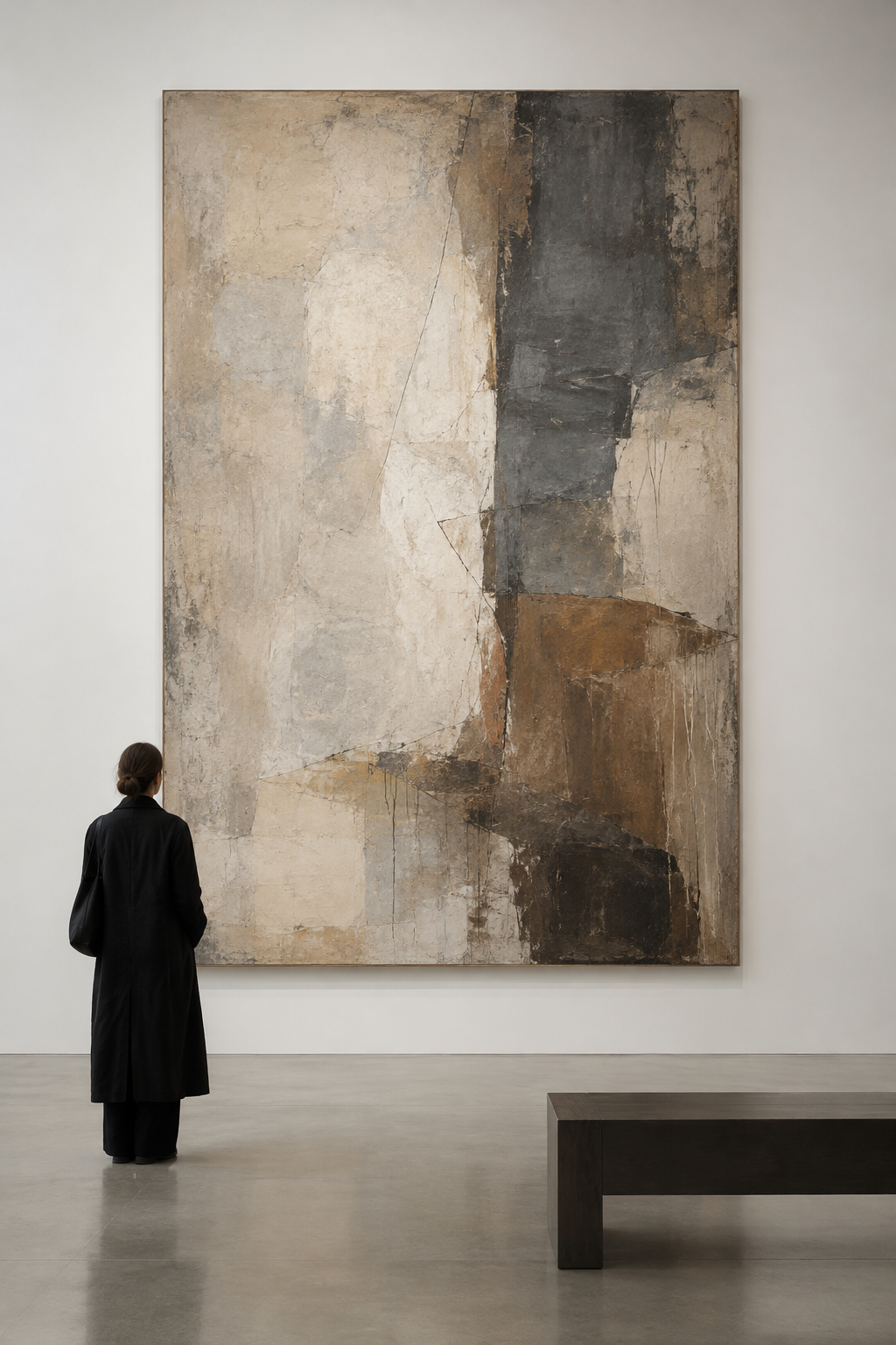 Large contemporary painting by featured artist in a calm gallery setting, with layered brush textures and moody neutral tones