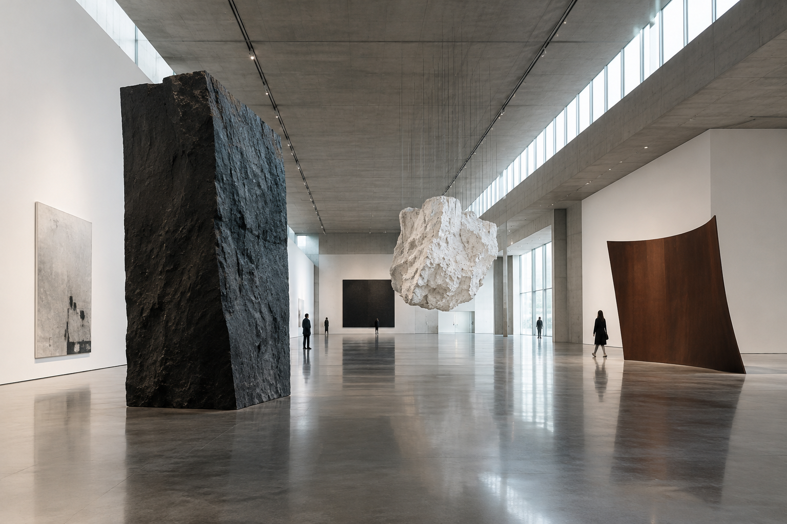 Expansive contemporary exhibition hall with monumental installation, concrete architecture, and controlled natural light